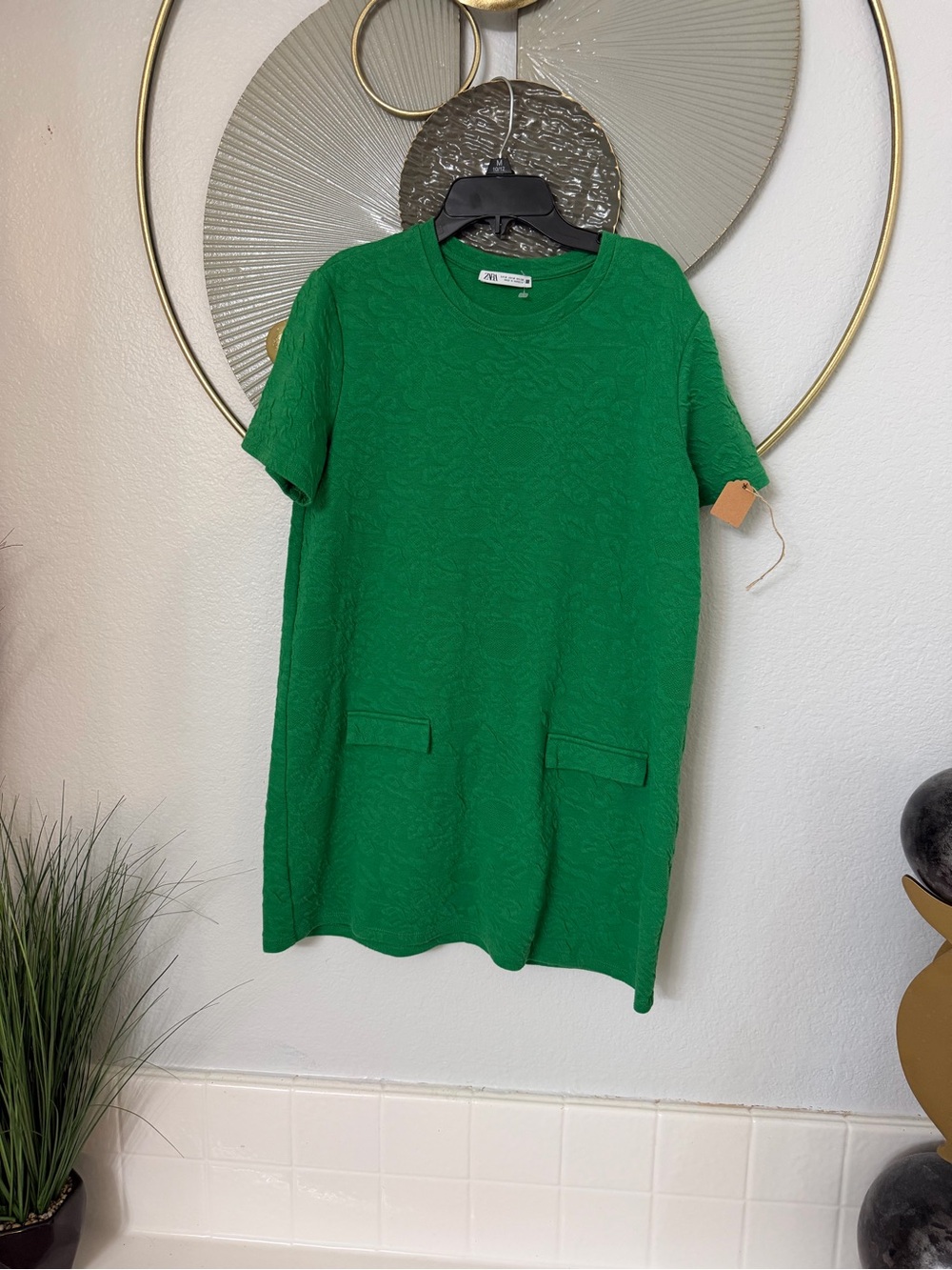 Zara Bright Green Short-Sleeve Mini Dress with Front Flap Pockets